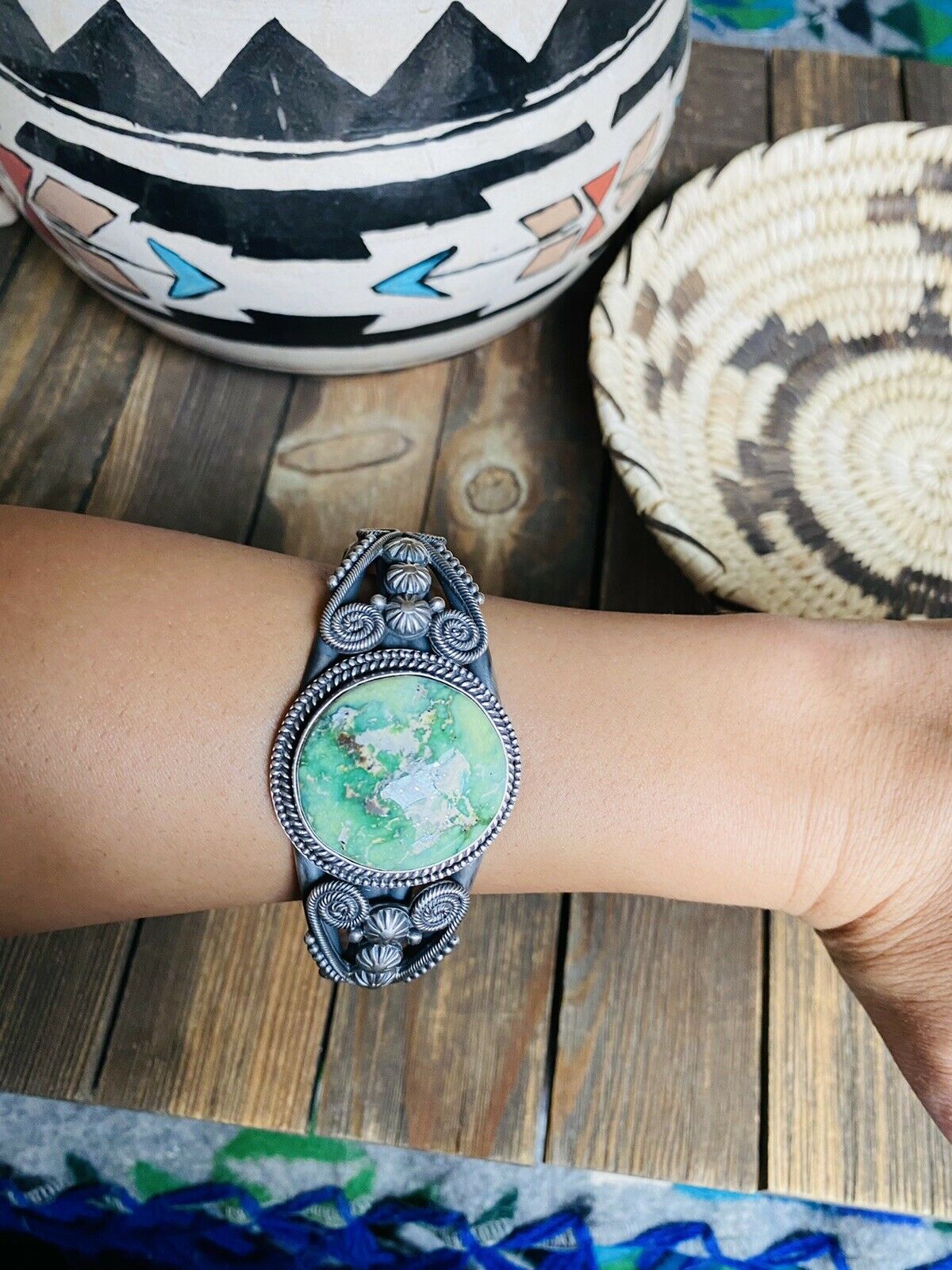 Handcrafted Sonoran Gold Turquoise & Sterling Silver Cuff Bracelet By M&R Calladitto