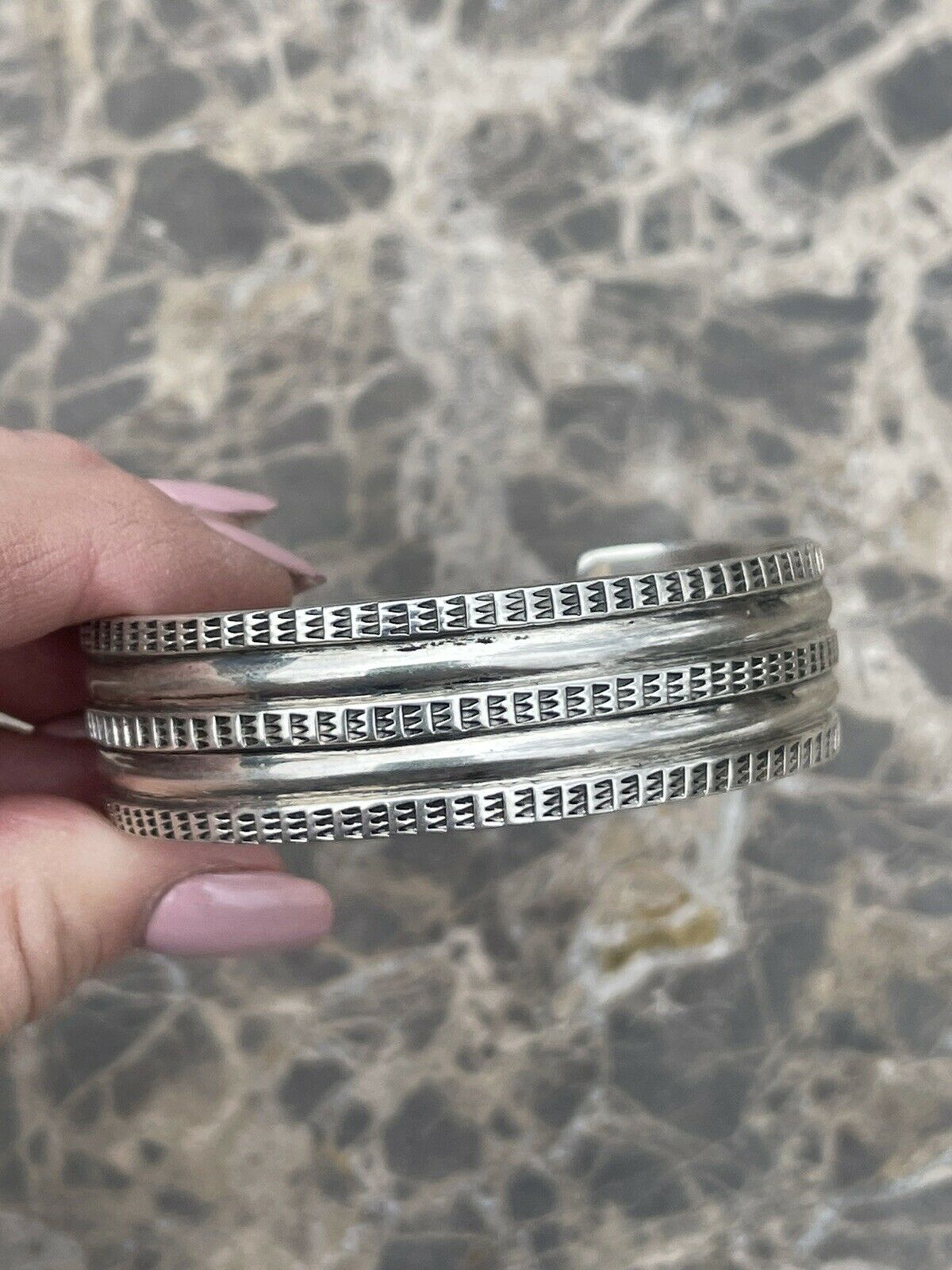 Handcrafted Sterling Silver Tribal Style Hand Stamped Bracelet Cuff Signed