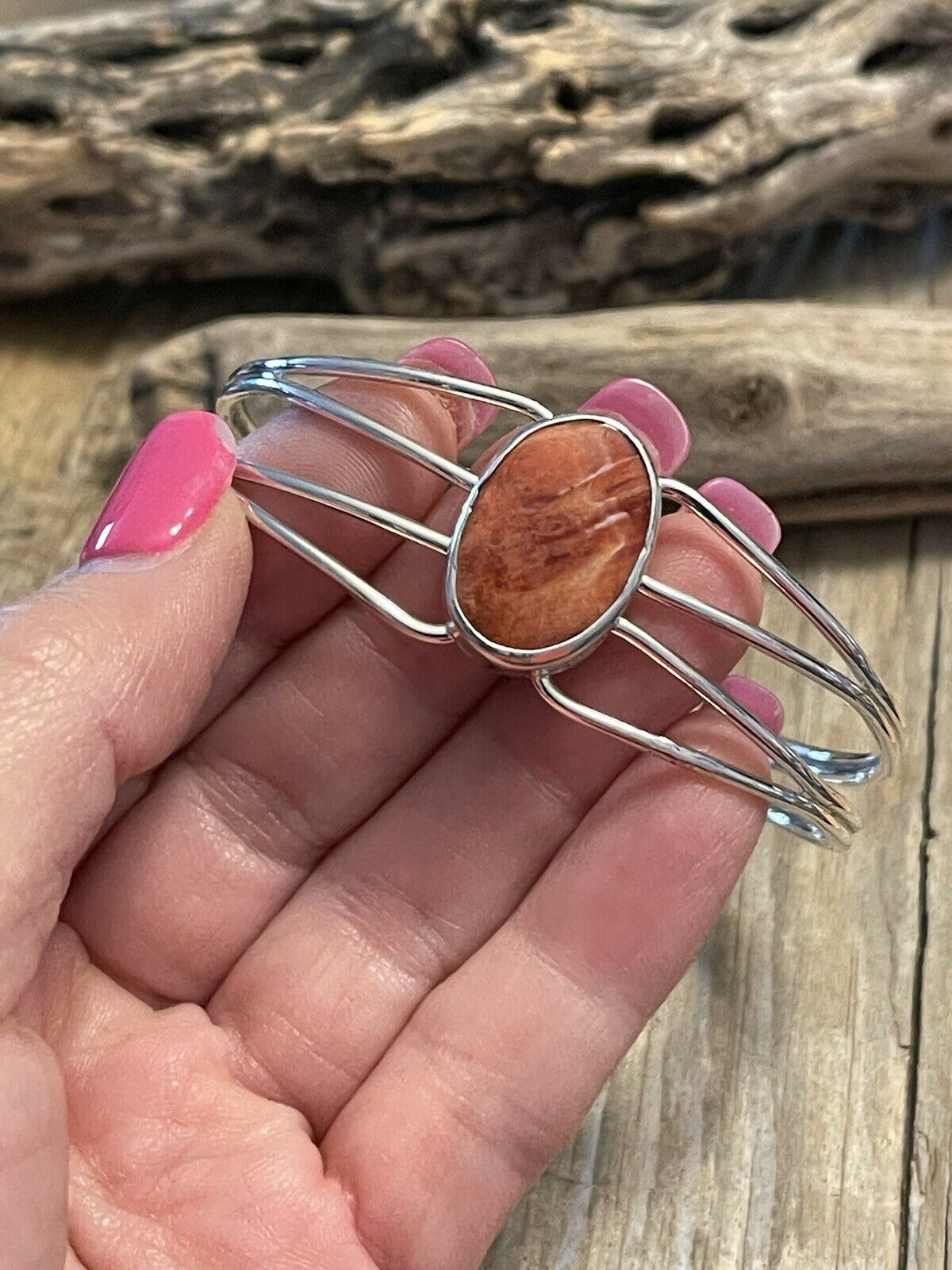 Handcrafted Orange Spiny Sterling Silver Bracelet Loop Cuff Stamped Begay