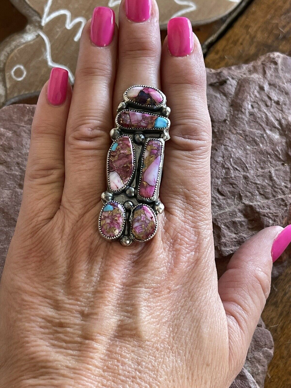 Handcrafted 6 stone Pink Dream Mojave & Sterling Silver Ring Size 8