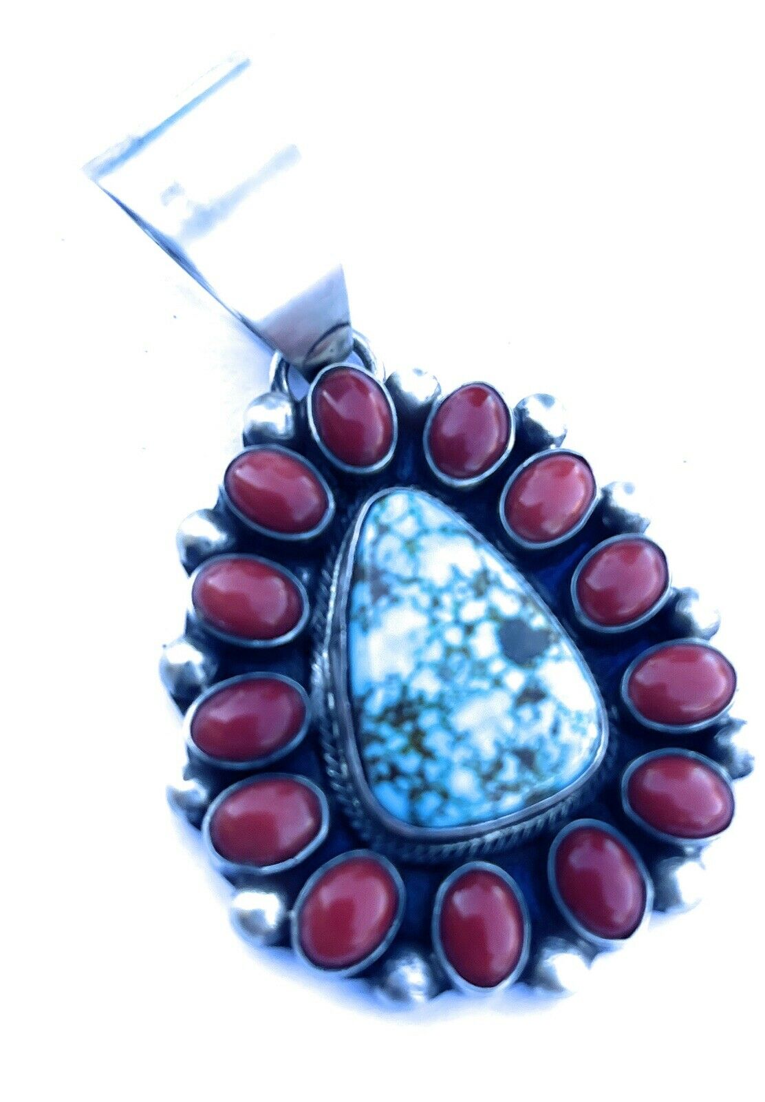 Handcrafted Sterling Kingman Web Turquoise & Red Coral Taos Pendant Kathleen Chavez
