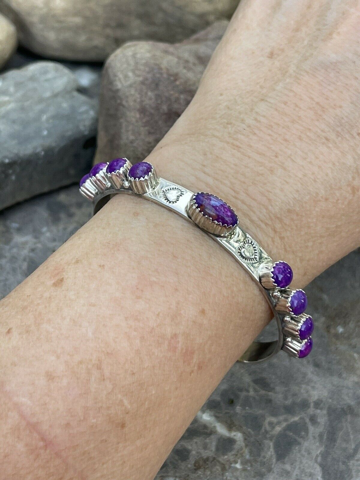 Handcrafted Purple Spiny Sterling Silver Heart Cuff Bracelet Stamped G. Boyd