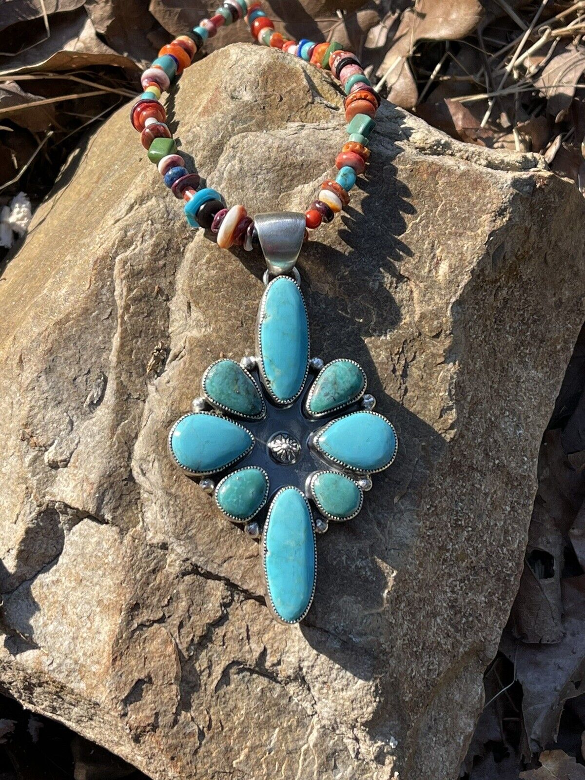 Handcrafted Multi Turquoise Cluster & Sterling Pendant Signed