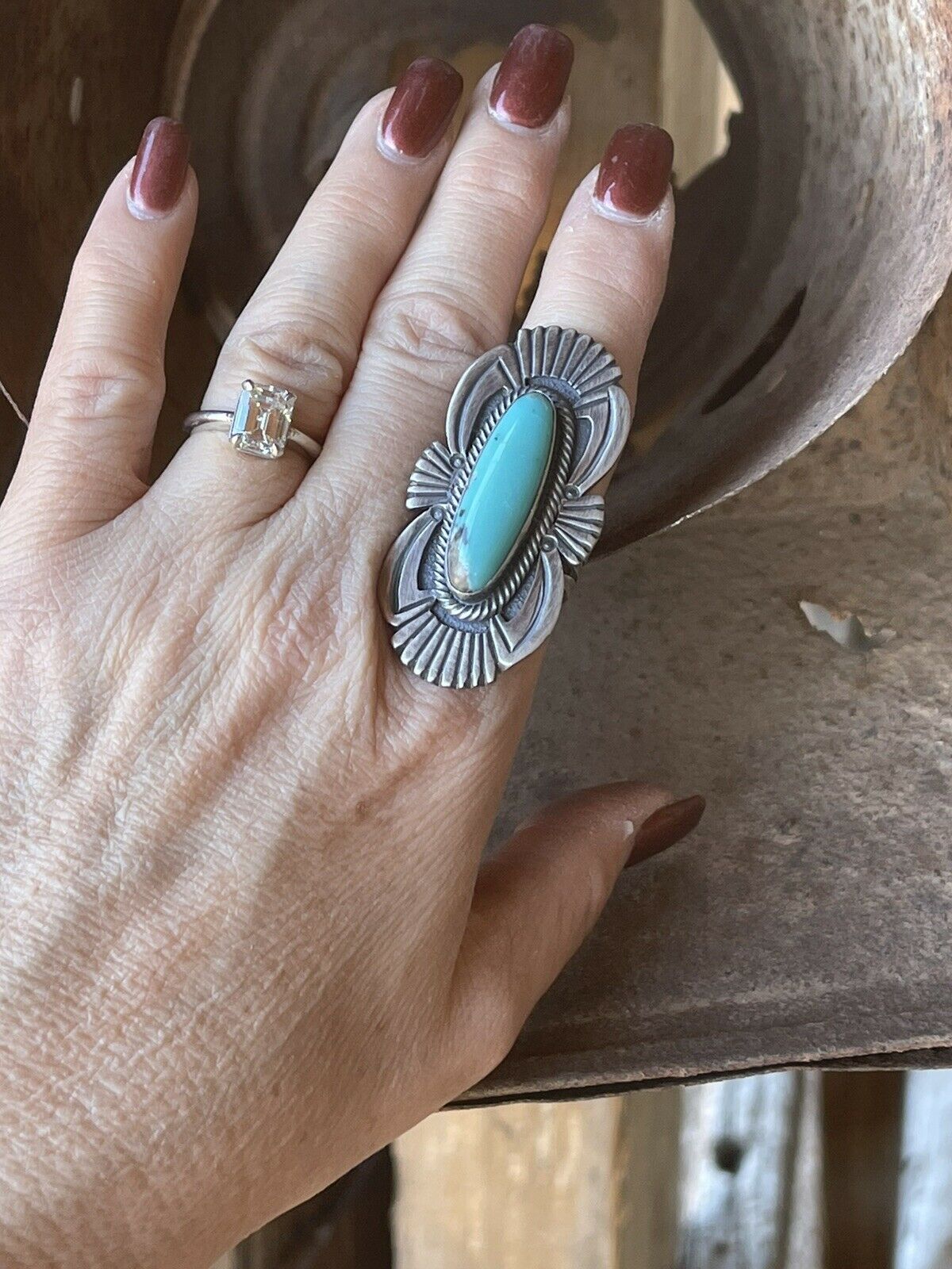 Handcrafted Turquoise & Sterling Silver Navajo Deco Ring Size 7.5
