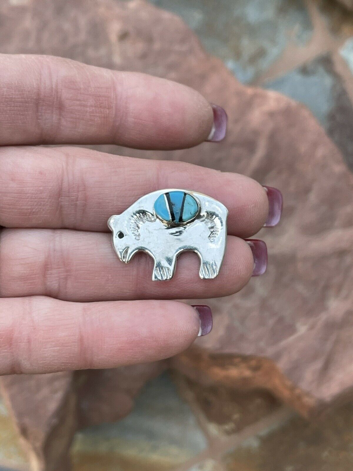 Handcrafted Sterling Silver Multi Stone Buffalo Pendant Pin Signed