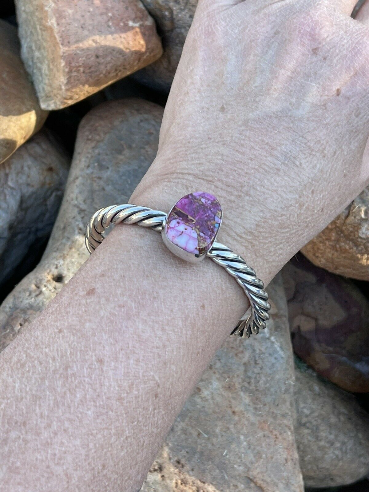 Handcrafted Pink Dream Mojave Sterling Silver Solid Twist Cuff