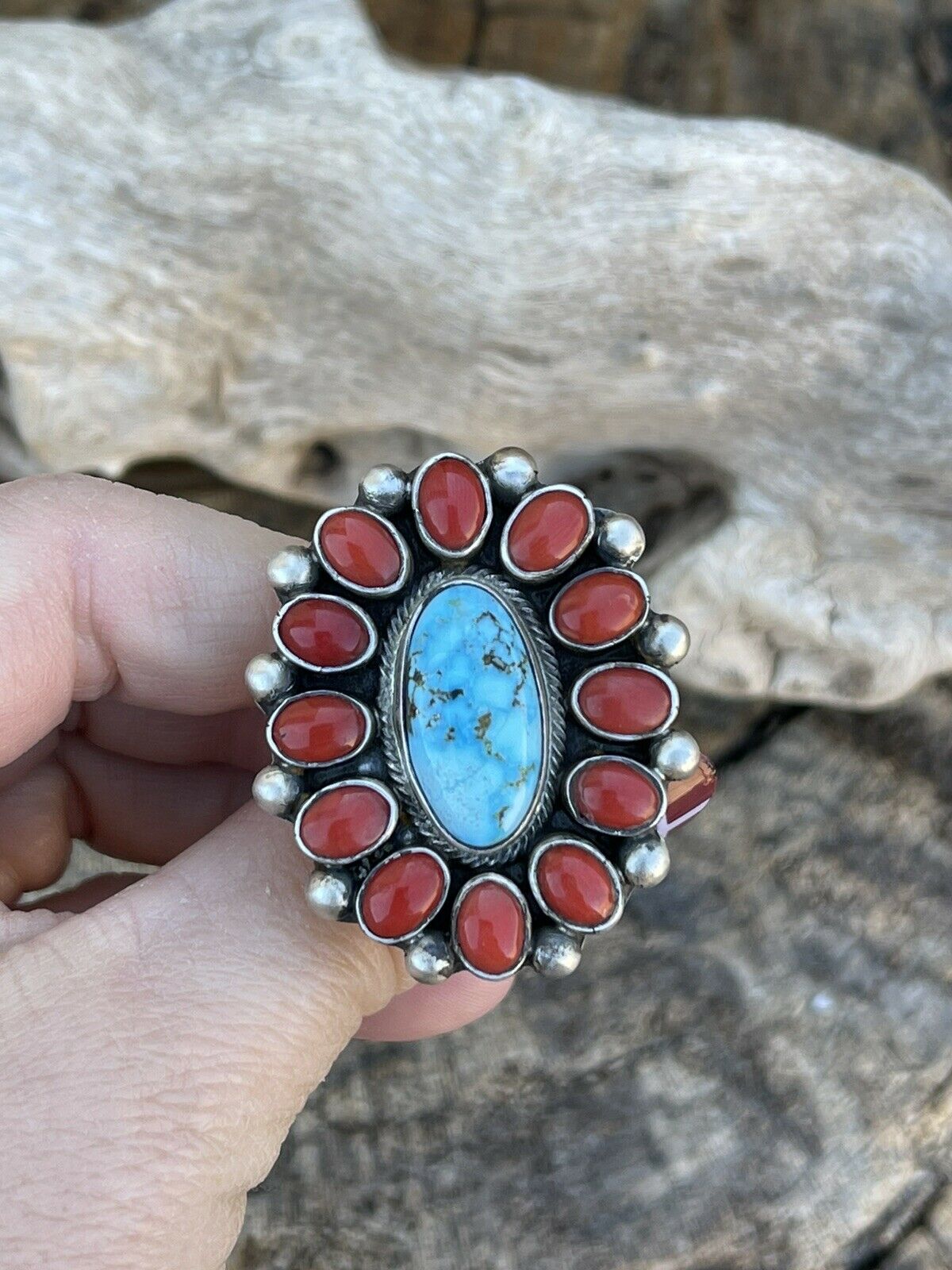 Handcrafted Sterling Silver Kingman Web Turquoise & Red Coral Taos Ring Sz 7.5