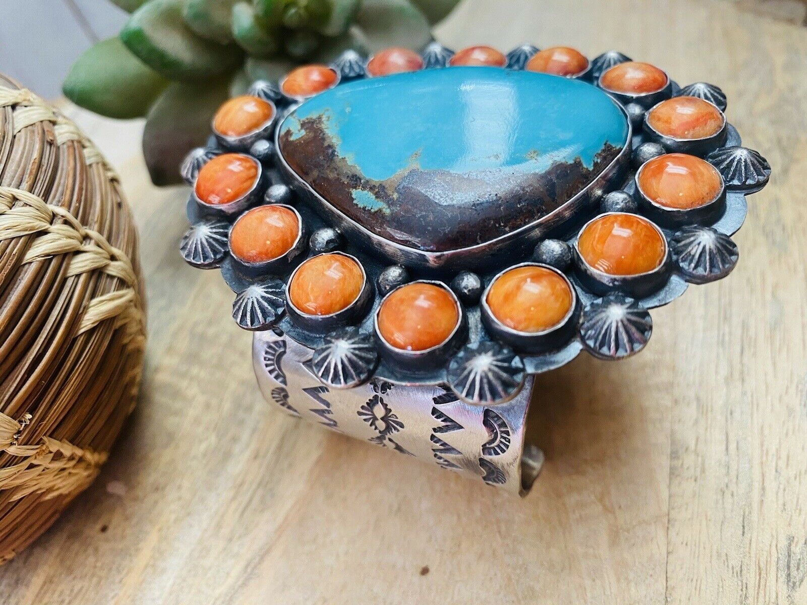 Handcrafted Orange Spiny, Turquoise & Sterling Silver Cuff Bracelet Signed /