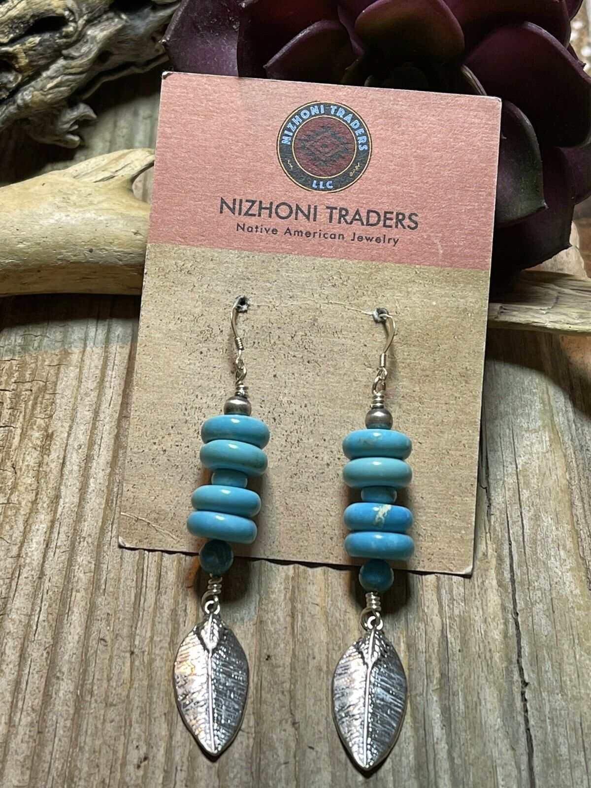 Handcrafted Sterling Silver & Blue Turquoise Leaf Dangle Earrings