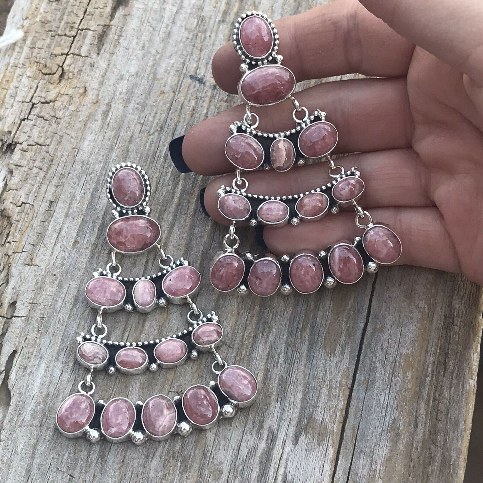 Sterling Silver Rhodochrosite Stone Dangle Earrings Artist E. Spencer