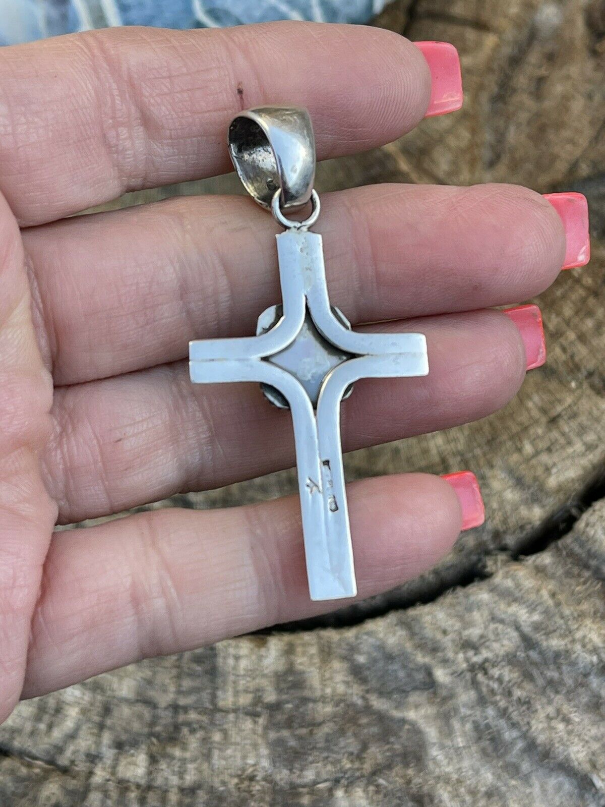 Handcrafted Sterling Silver & Orange Spiny Shell Cross Pendant Signed