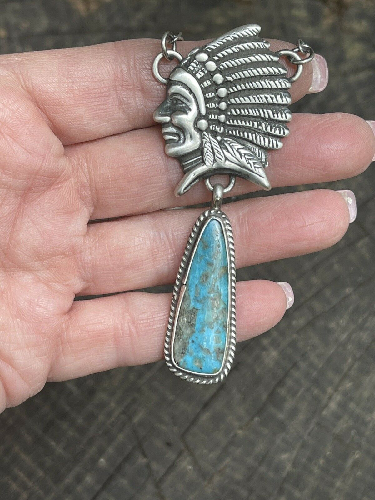 Handcrafted Sterling Silver Indian Chief Royston Turquoise Drop Necklace