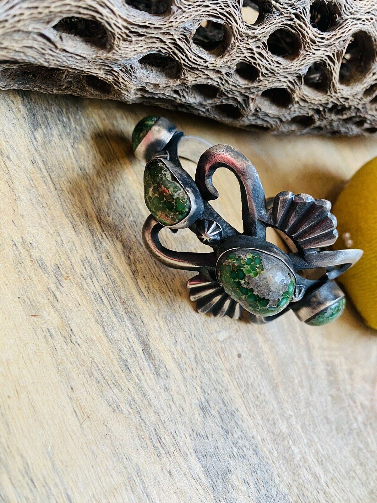 Navajo Sterling Silver & Sonoran Gold Turquoise Cuff Bracelet By Chimney Butte /