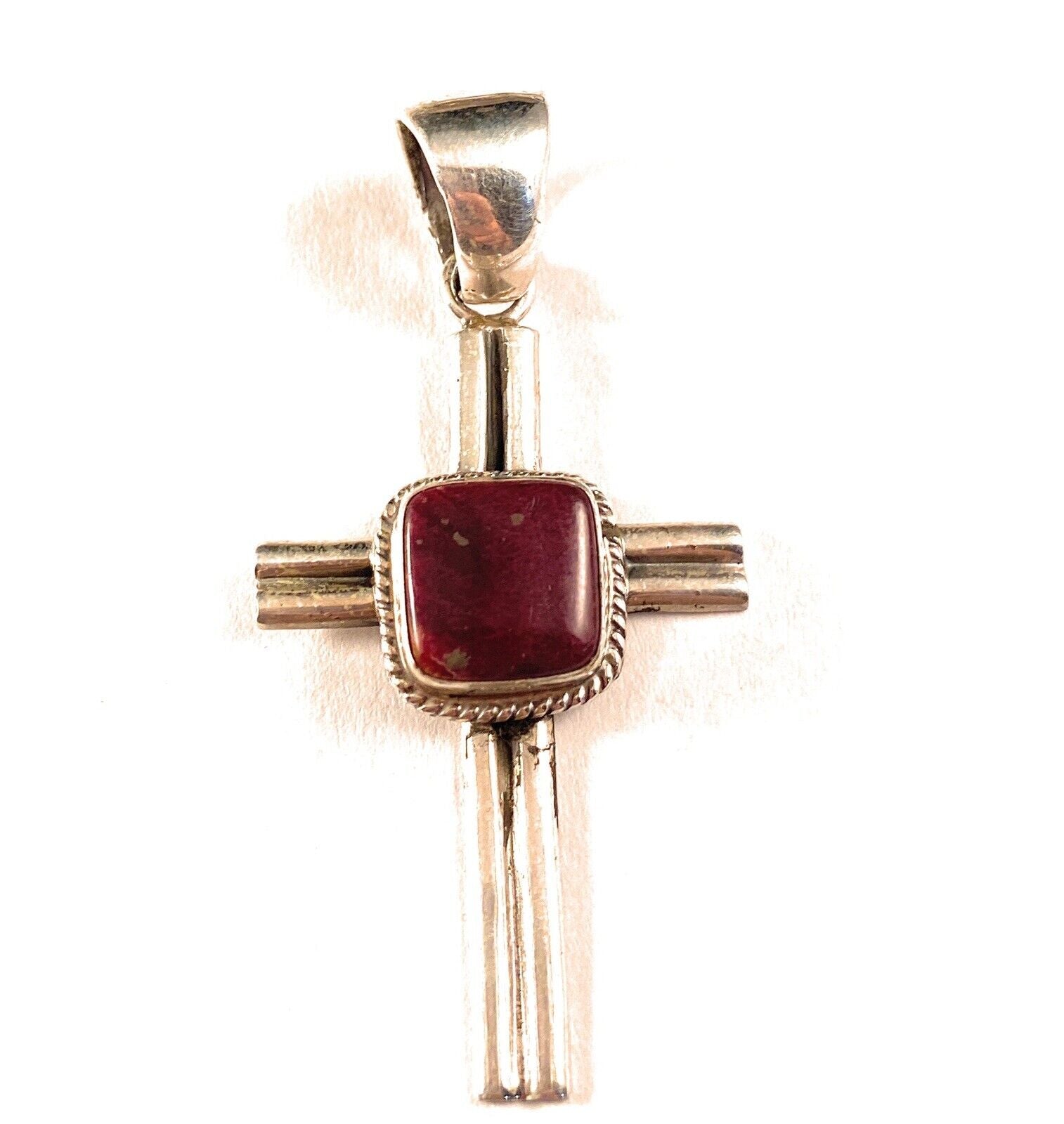 Handcrafted Sterling Silver & Purple Spiny Oyster Cross Pendant Signed