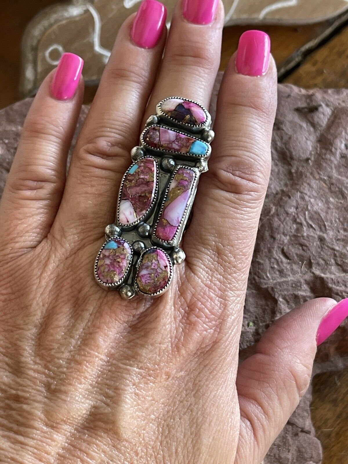 Handcrafted 6 stone Pink Dream Mojave & Sterling Silver Ring Size 8