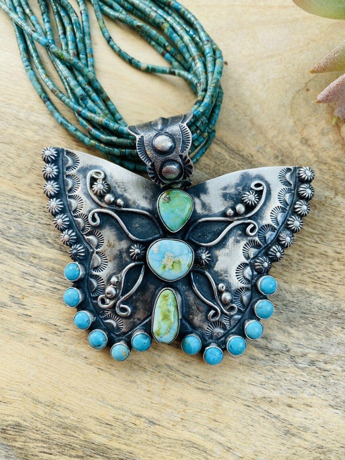 Handcrafted Sonoran Mountain Turquoise & Sterling Silver Butterfly Necklace Signed
