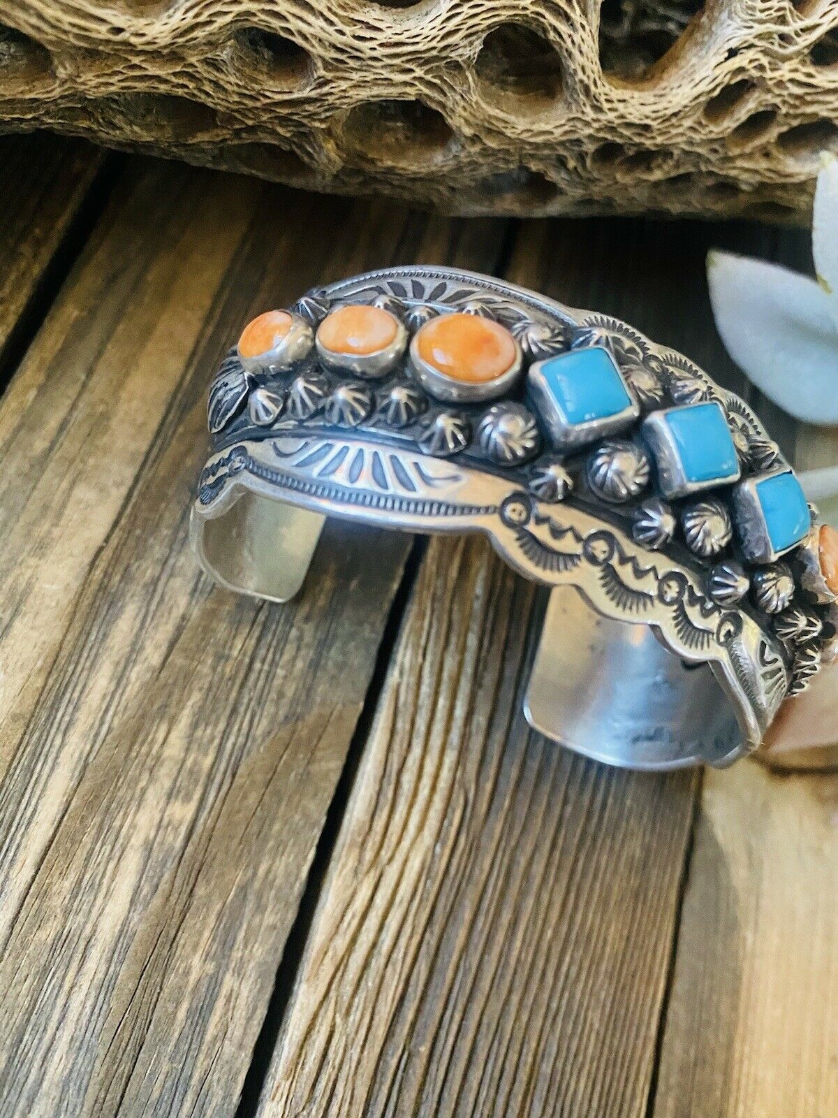 Handcrafted Orange Spiny, Turquoise & Sterling Silver Cuff Bracelet By Darryl Becenti /