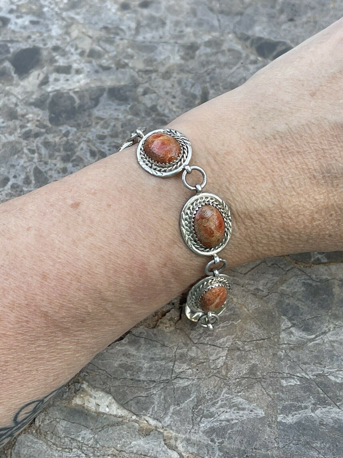 Handcrafted Rust Jasper & Sterling Silver Link Oval Southwest Bracelet