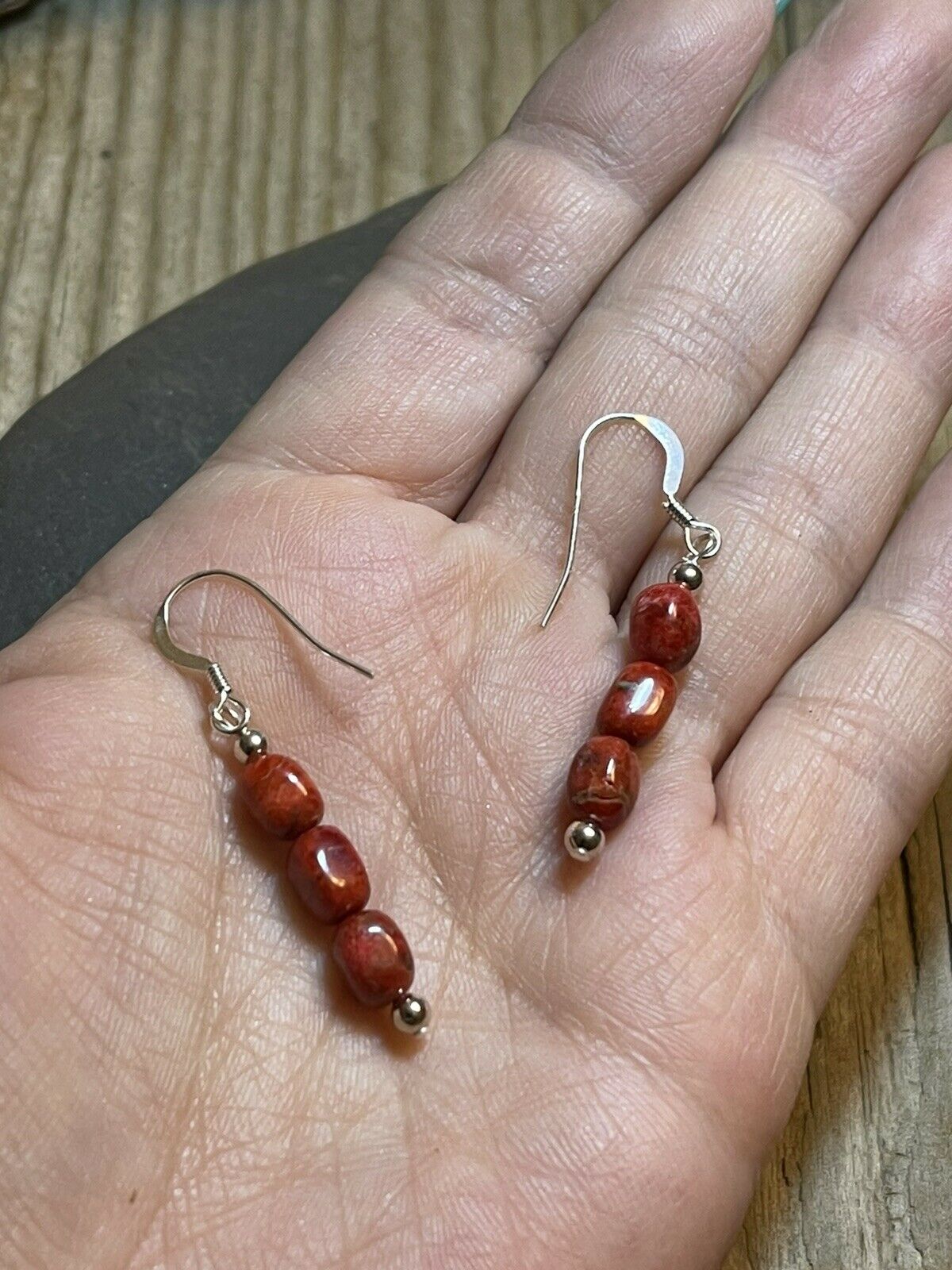 Handcrafted Sterling Silver 3 Stone Apple Coral Dangle Earrings