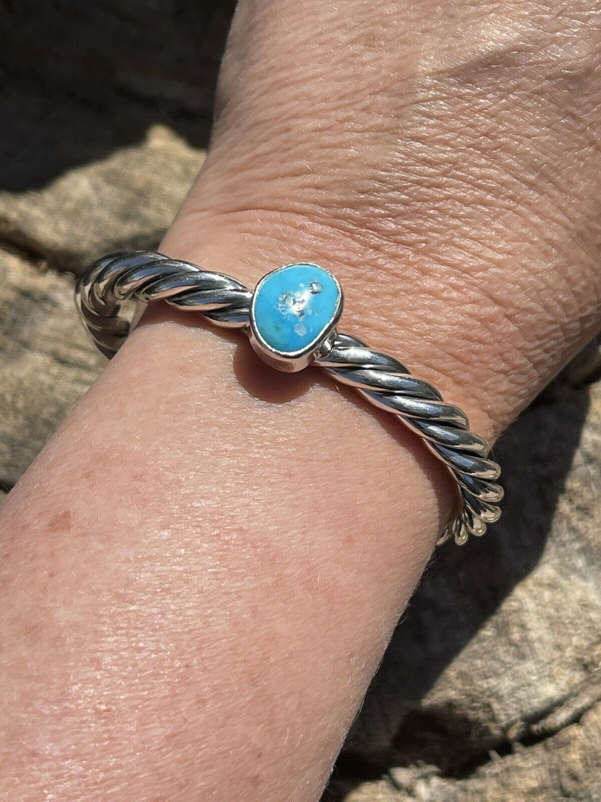 Handcrafted Sterling Silver Rope Twist Natural Turquoise Cuff Bracelet