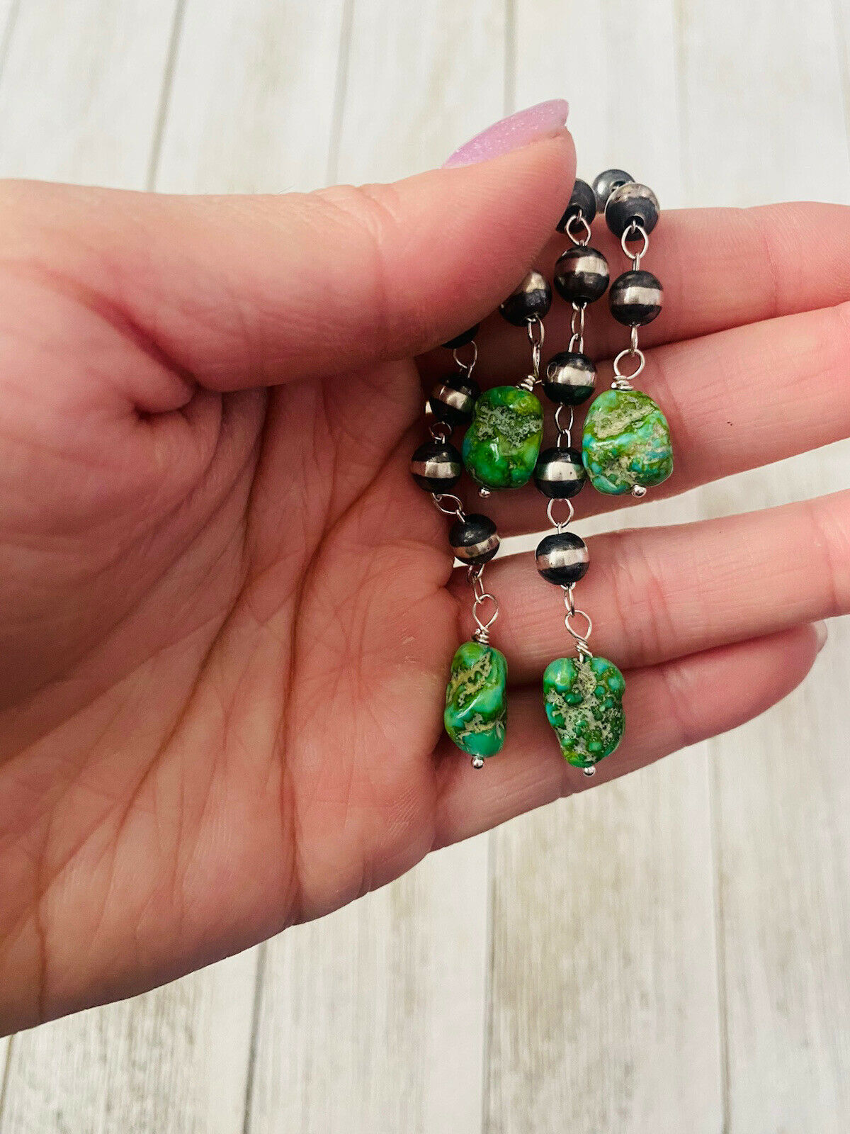 Handcrafted Sonoran Gold Turquoise & Sterling Silver Pearl Beaded Necklace Set