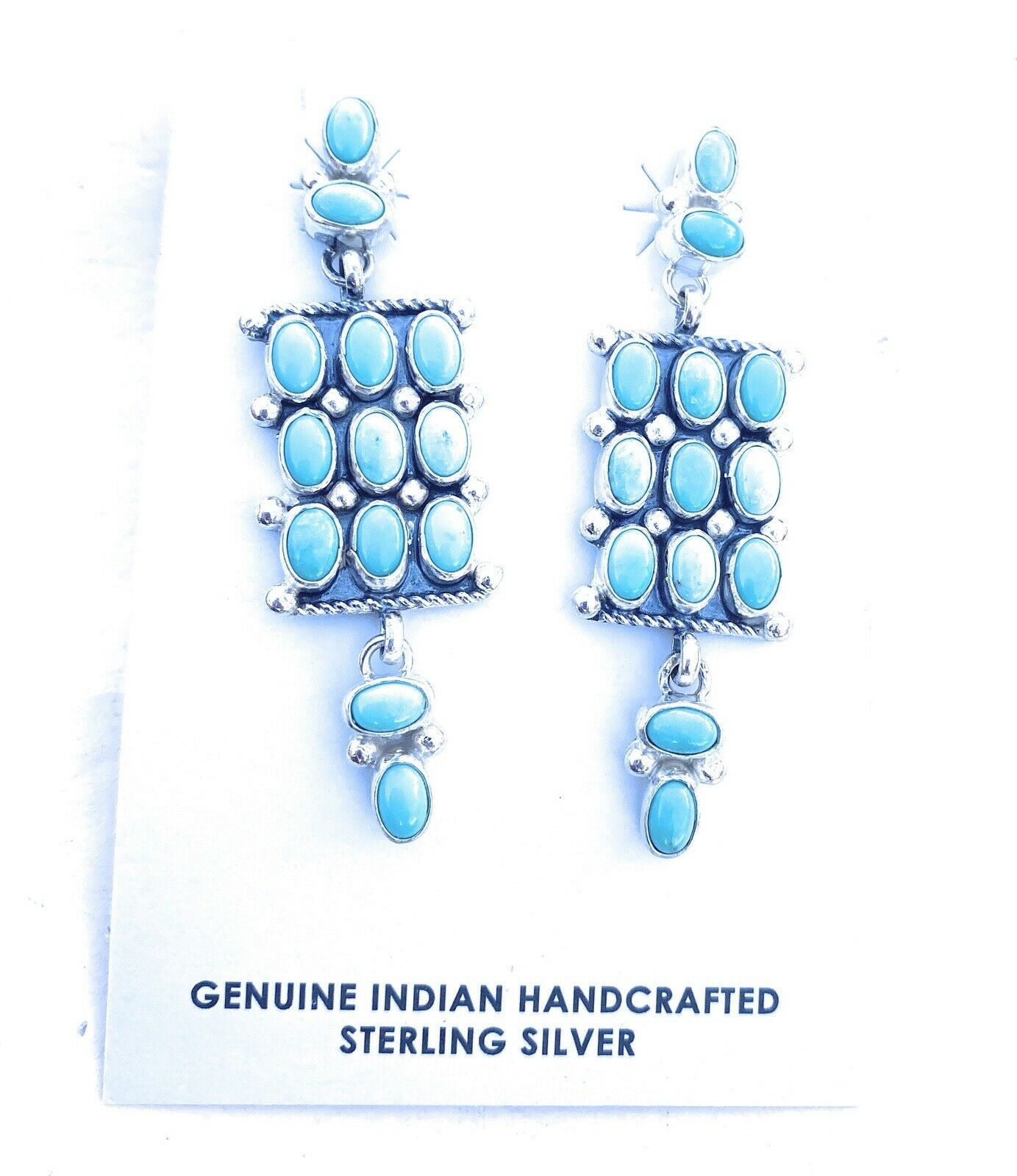 Handcrafted Turquoise & Sterling Silver Cluster Dangle Earrings Signed