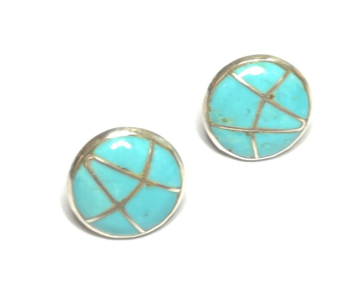 Handcrafted Sterling Silver & Turquoise Inlay Circle Post Earrings Signed K