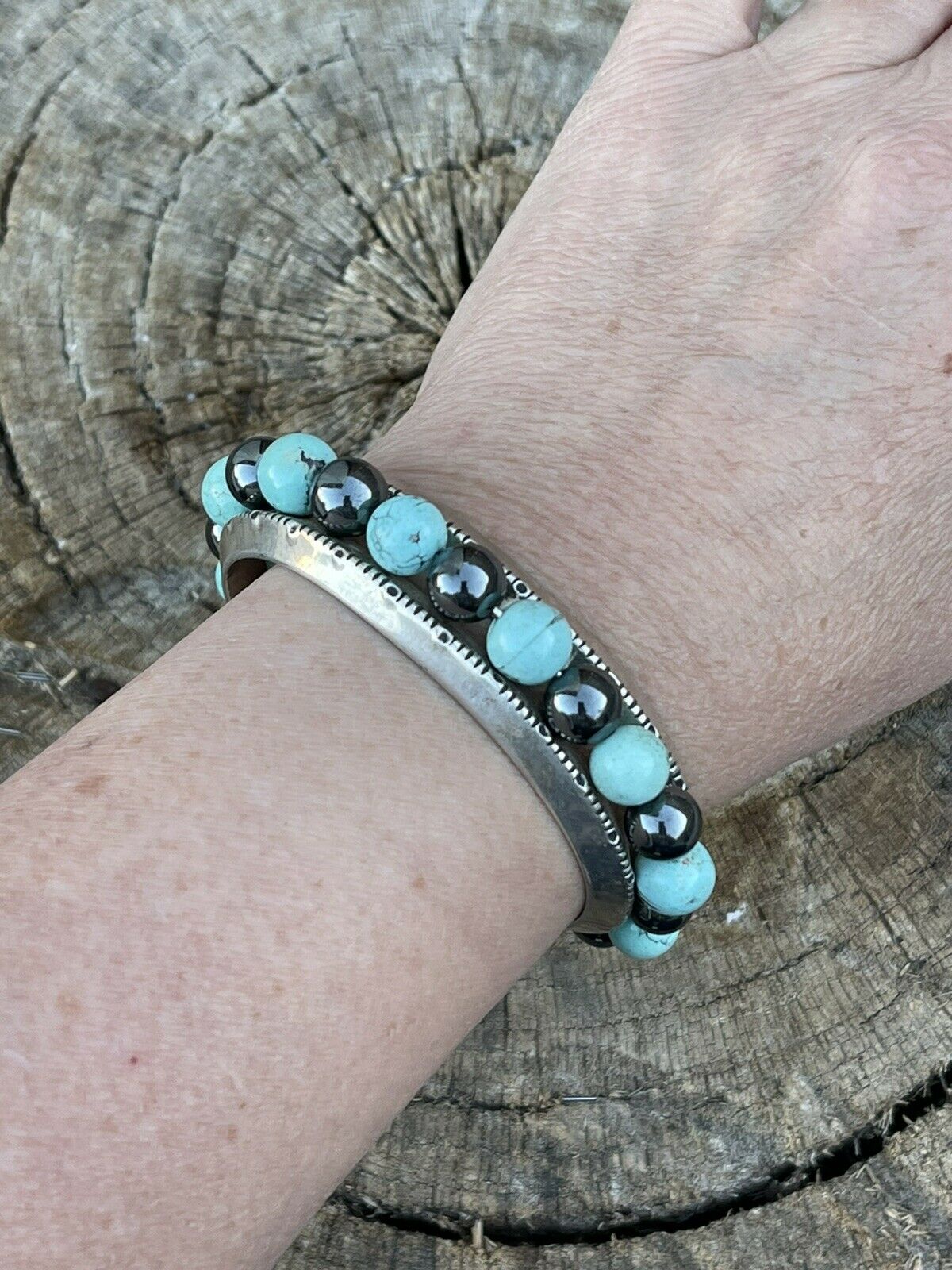 Handcrafted Vintage Fox Turquoise & Marcasite Bead Bracelet Cuff /