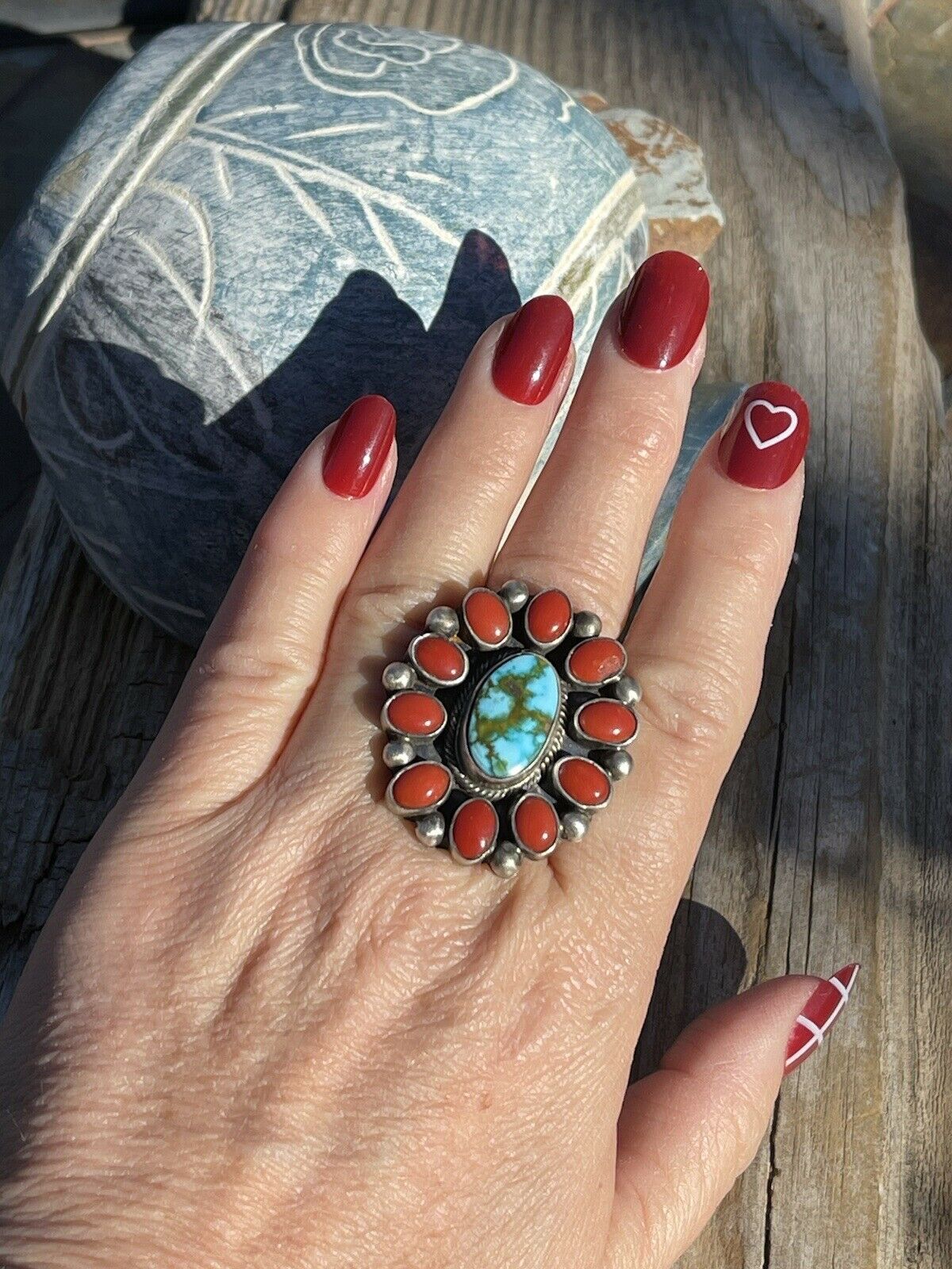 Handcrafted Sterling Silver Kingman Web Turquoise & Red Coral Taos Ring Sz 7