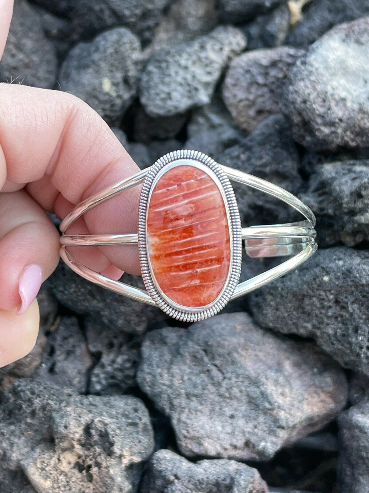 Handcrafted Orange Spiny Sterling Silver Cuff Bracelet Stamped Wydell Billie /