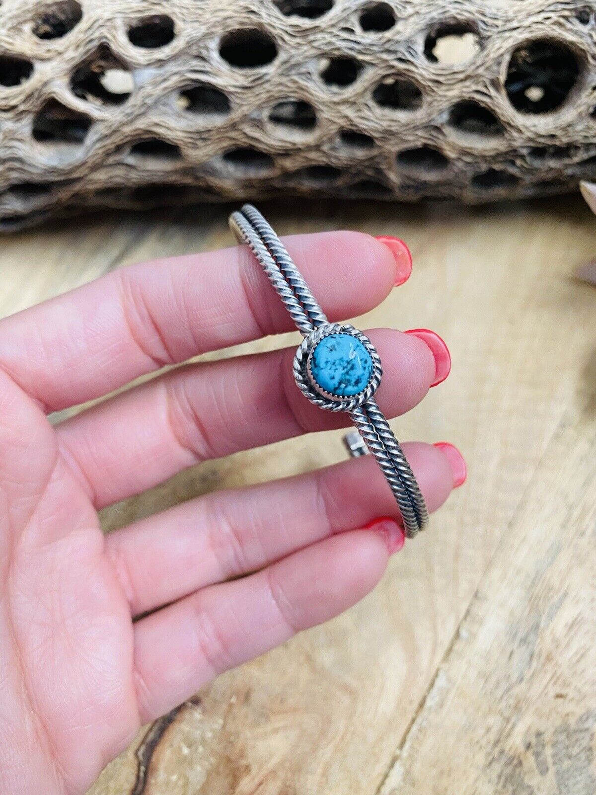 Handcrafted Sterling Silver & Kingman Turquoise Cuff Bracelet Signed