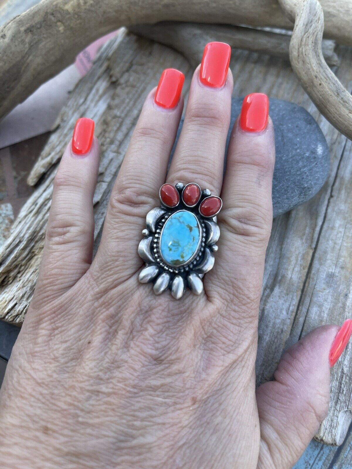 Navajo Sterling Kingman Web Turquoise & Red Coral Taos Collection Ring by Danny Clark, Sz 7.5