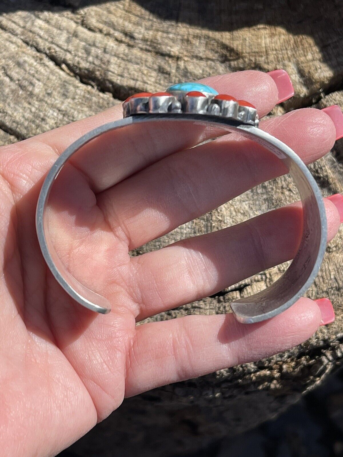 Navajo Sterling Kingman Web Turquoise & Red Coral Taos Bracelet Cuff by Bobby Johnson /