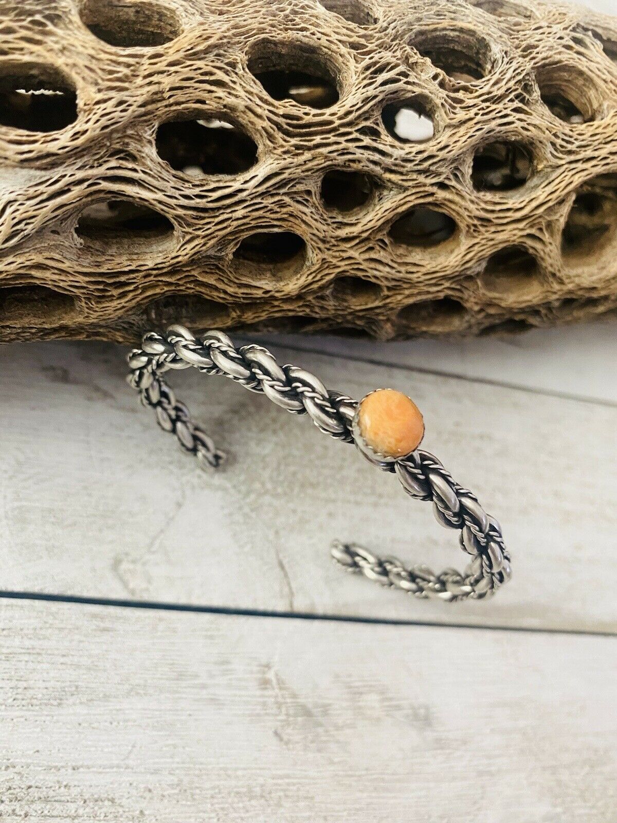 Handcrafted Sterling Cuff & Orange Spiny Twisted Cuff Bracelet