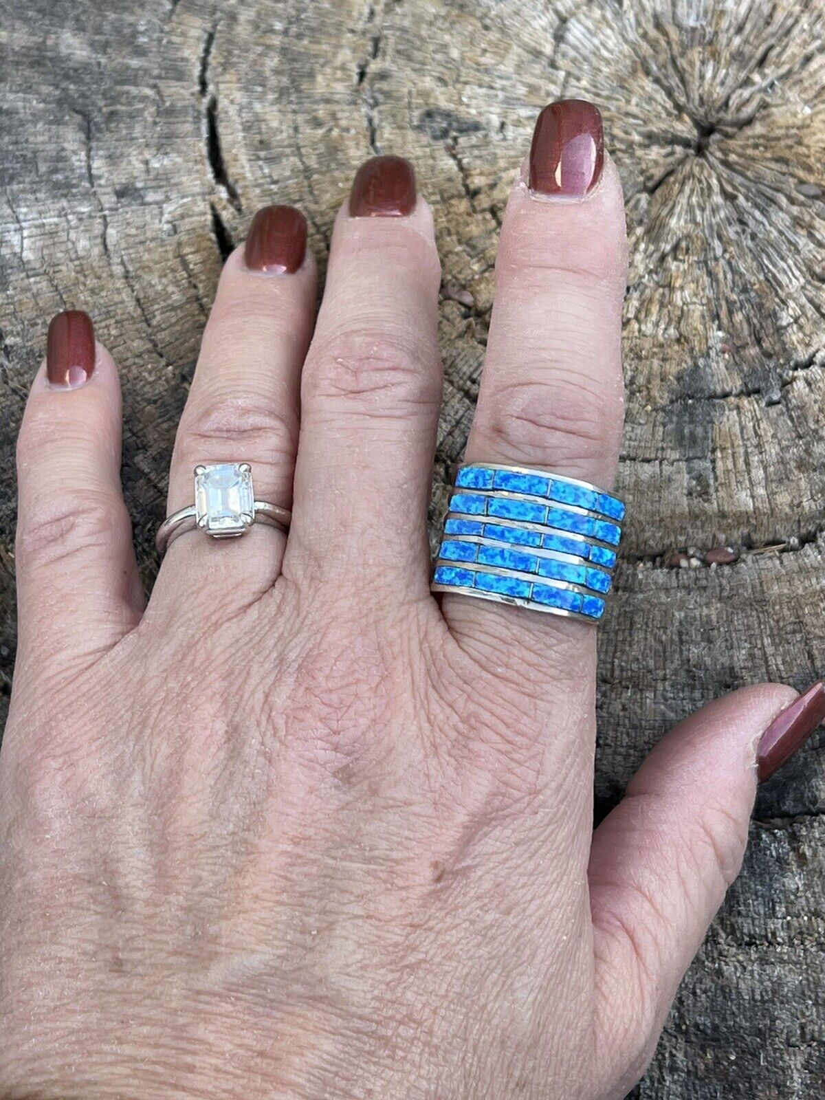 Handcrafted Sterling Silver Blue Opal 5 Row Inlay Ring