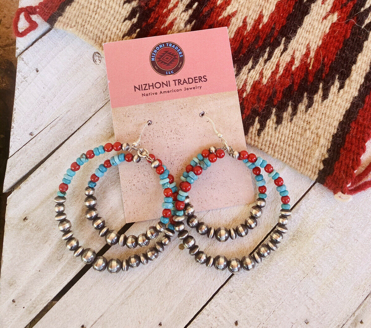 Handcrafted Turquoise, Coral & Sterling Silver Pearl Dangle Hoop Earrings