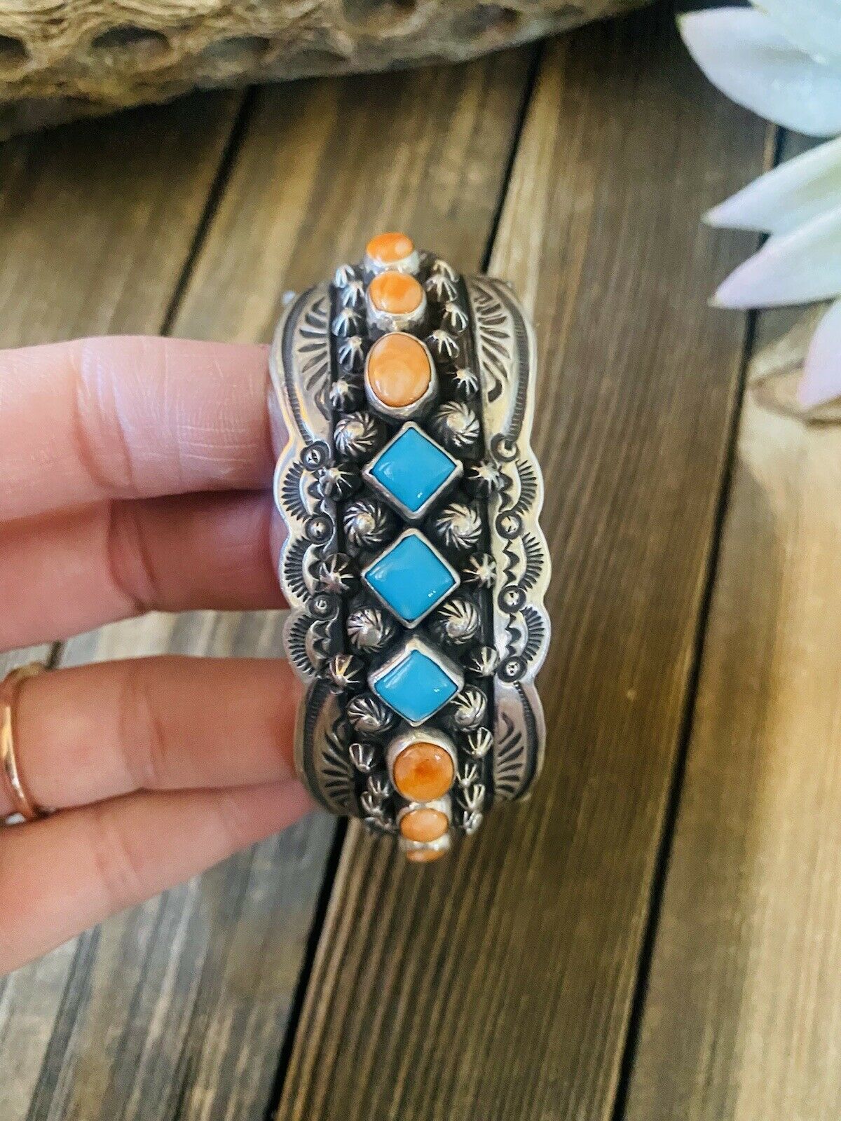 Handcrafted Orange Spiny, Turquoise & Sterling Silver Cuff Bracelet By Darryl Becenti /