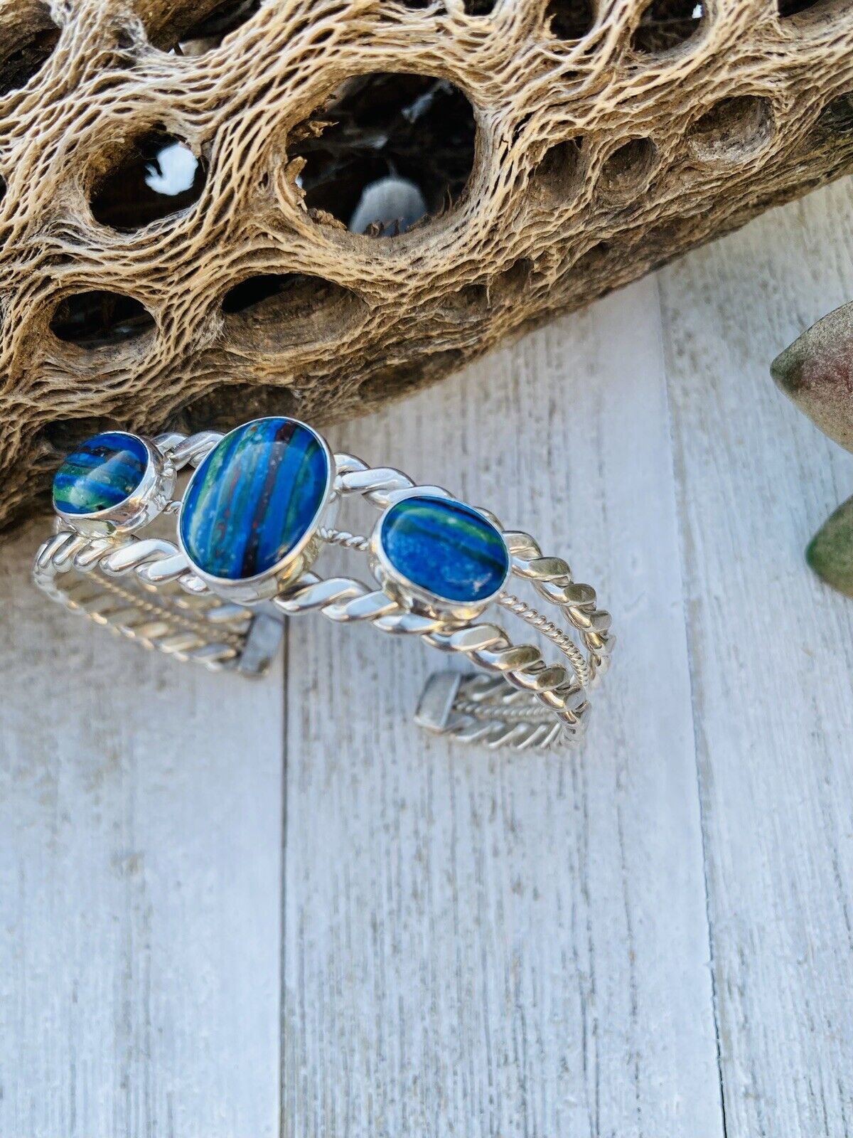 Unique Handcrafted Sterling Silver & Rainbow 3 stone Cuff Bracelet