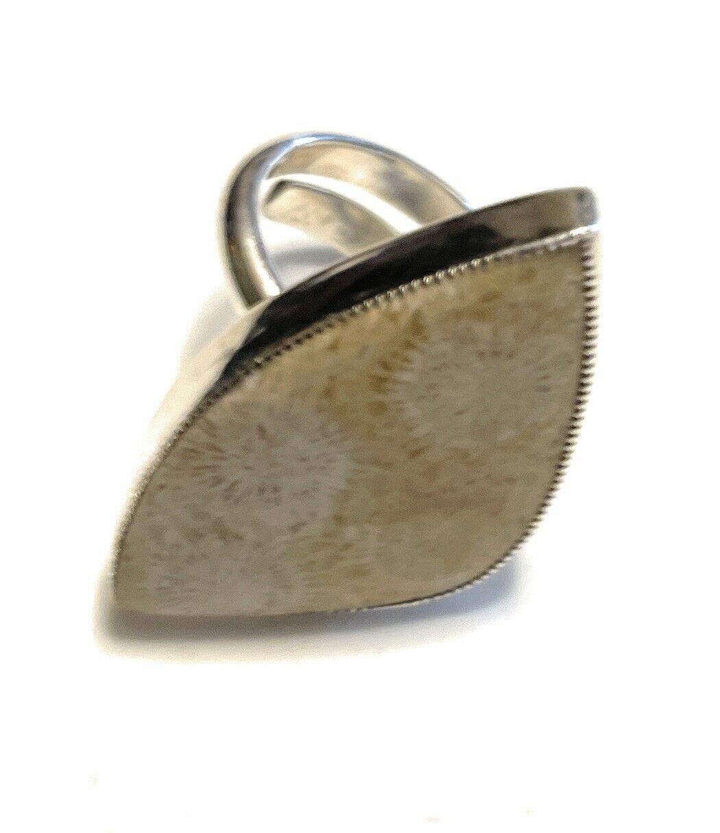 Handcrafted Fossilized Coral & Sterling Silver Adjustable Ring Signed