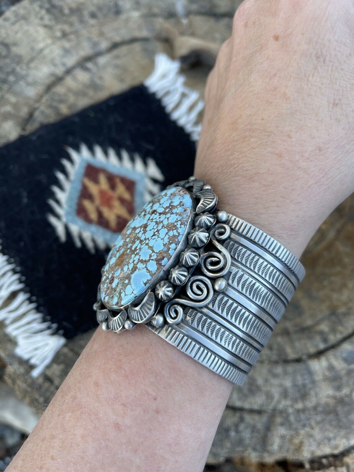 Handcrafted Sterling Silver & Number 8 Turquoise Signed Cuff Signed