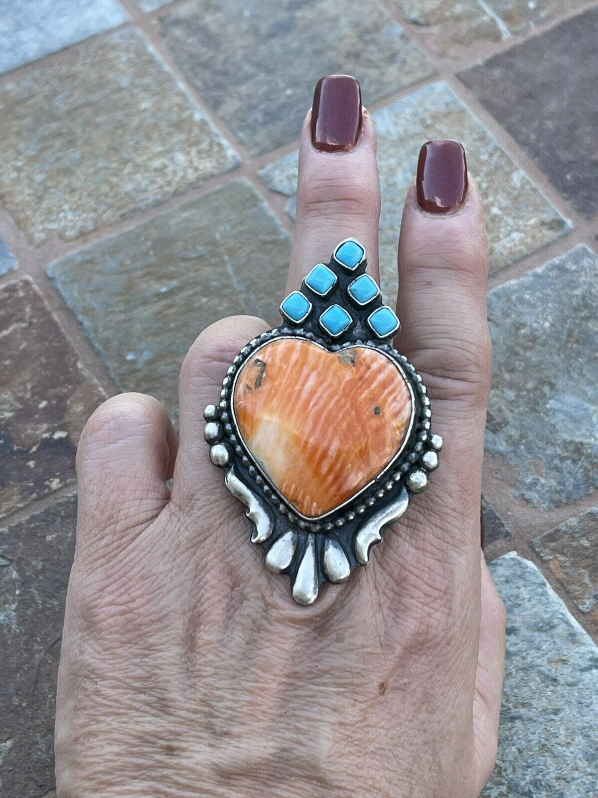 Handcrafted Sterling Silver Orange Spiny Heart & Turquoise Ring Sz 8
