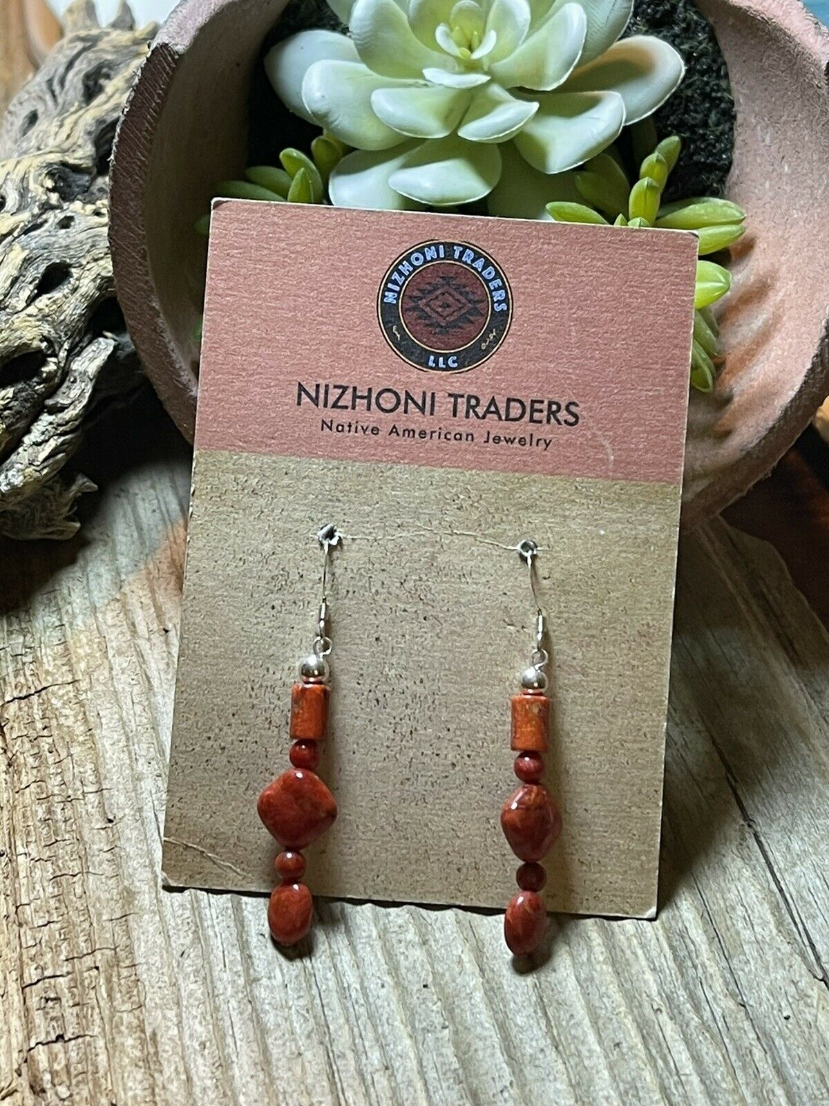 Handcrafted Sterling Silver Apple Coral Strand Beaded Earrings