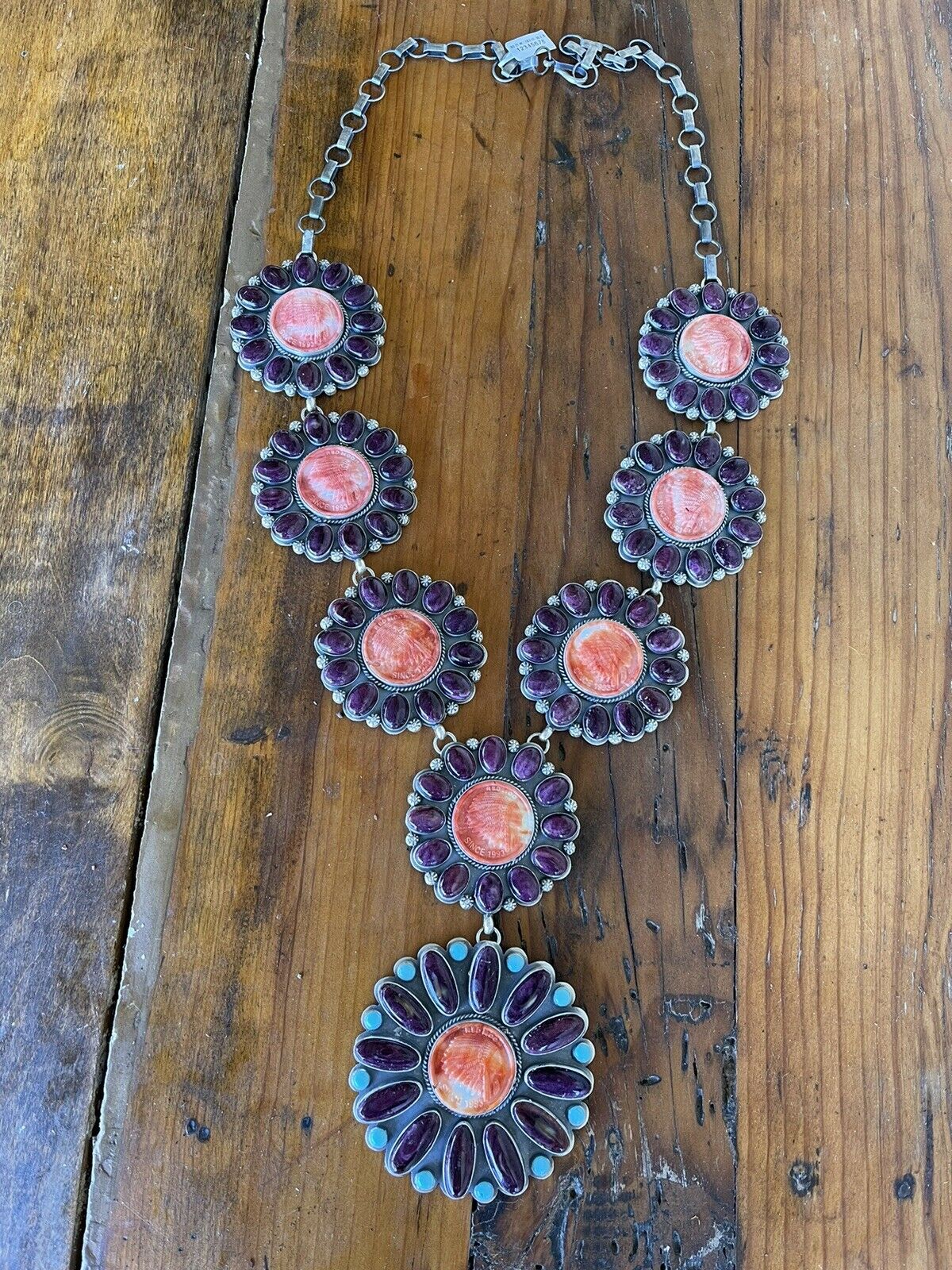 Handcrafted Stunning Sterling Silver, Carved Spiny Oyster and Turquoise Necklace by Gilbert Platero