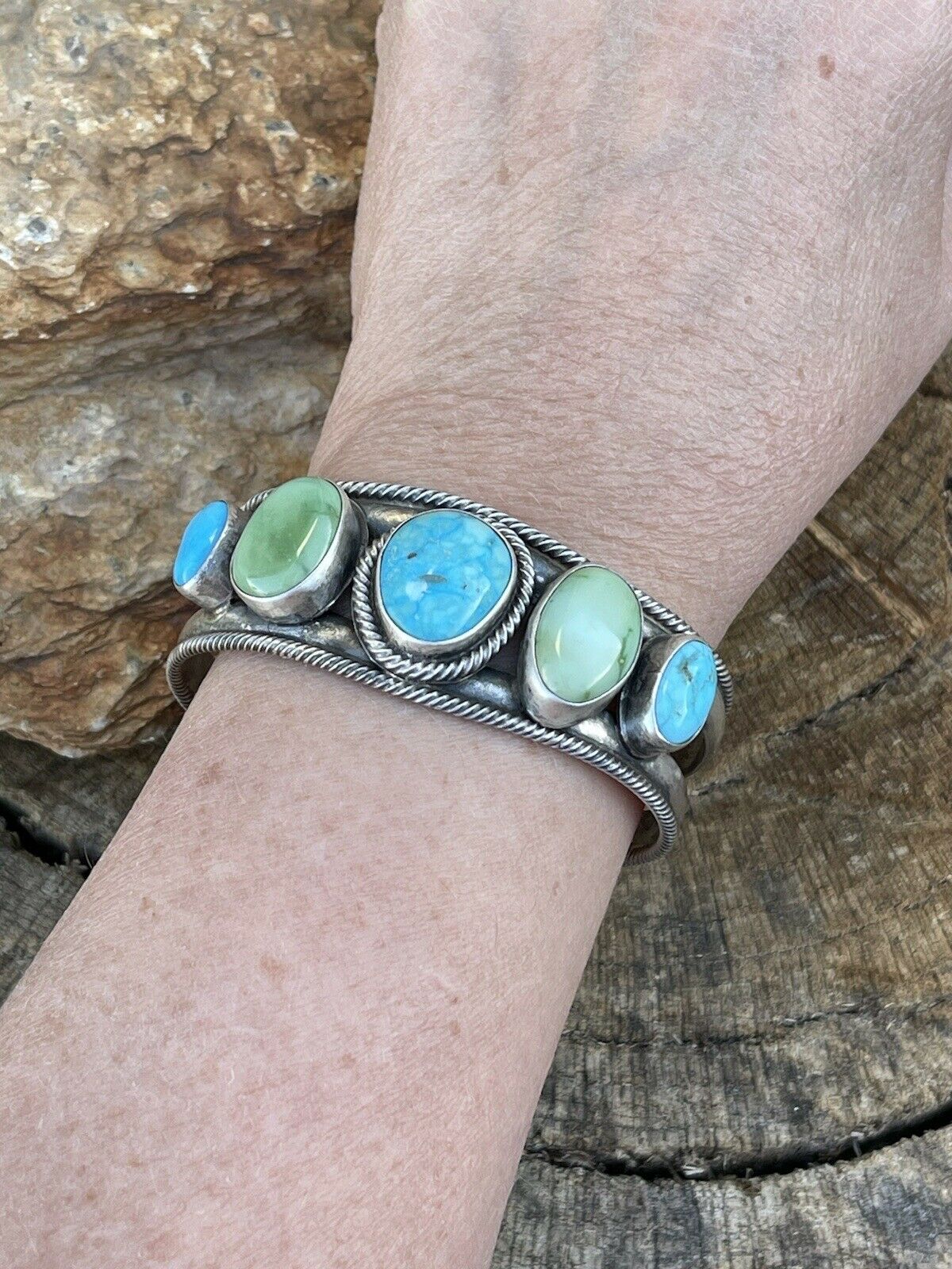 Navajo Sterling Sonoran Gold & Golden Hills Turquoise Cuff Bracelet Signed /