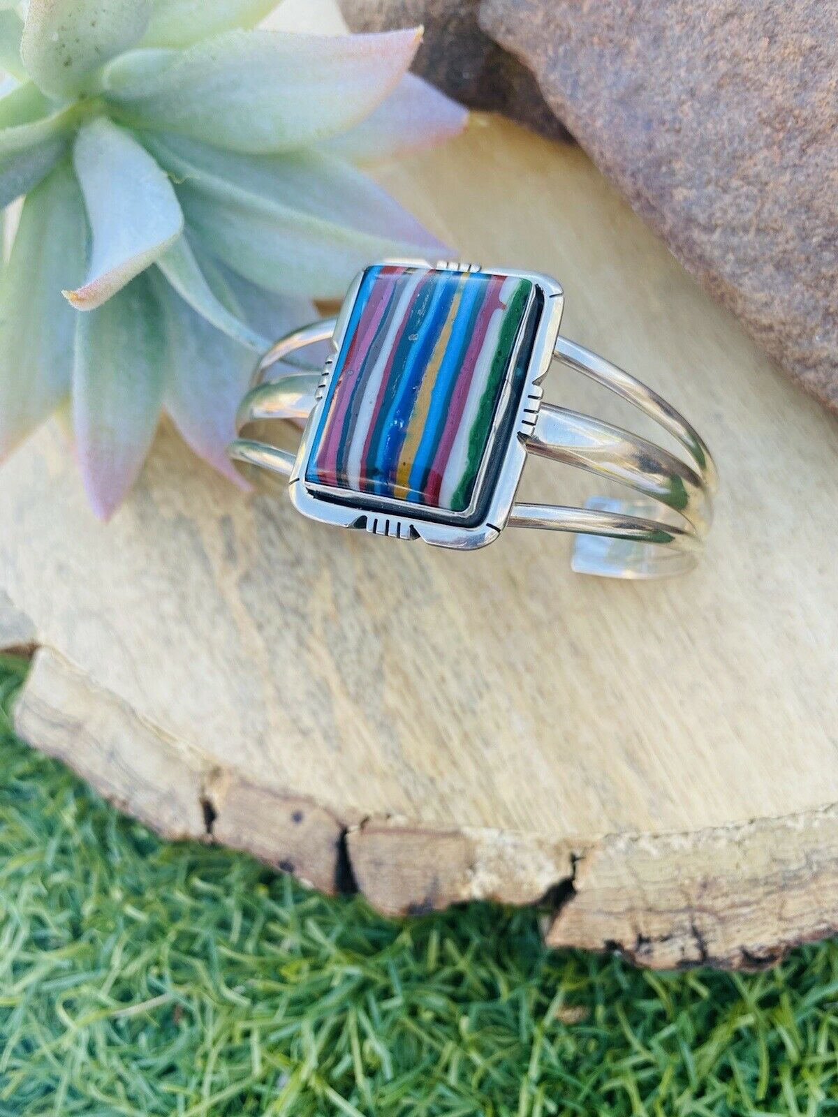 Handcrafted Sterling Silver & Rainbow Rectangle Cuff Bracelet