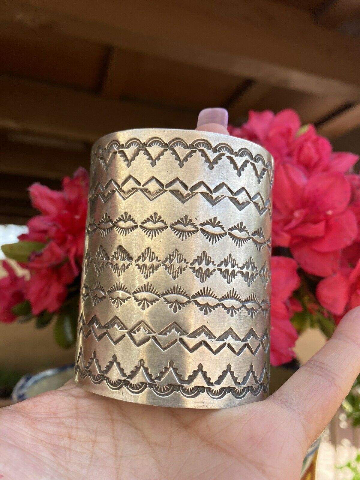 Handcrafted Sterling Silver Hand Stamped Statement Bracelet Cuff Signed