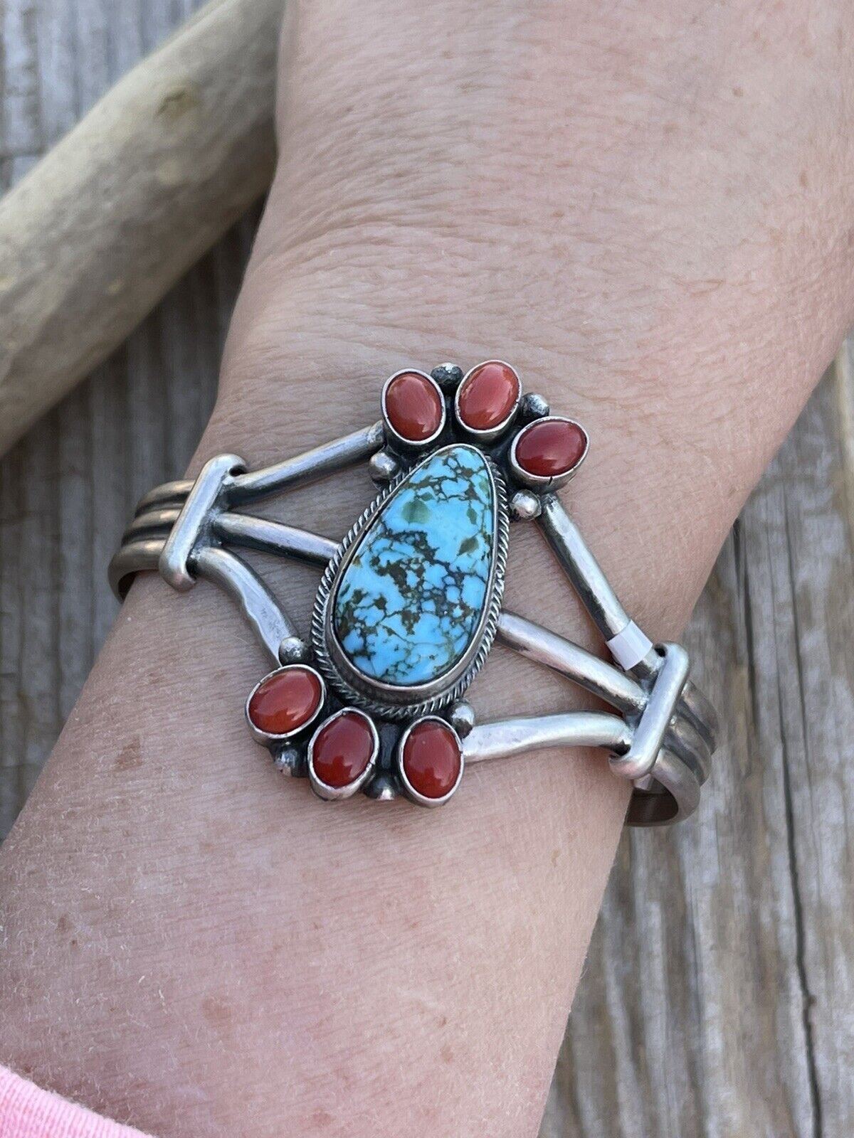 Navajo Sterling Kingman Web Turquoise & Red Coral Taos Bracelet Cuff by Bobby Johnson /