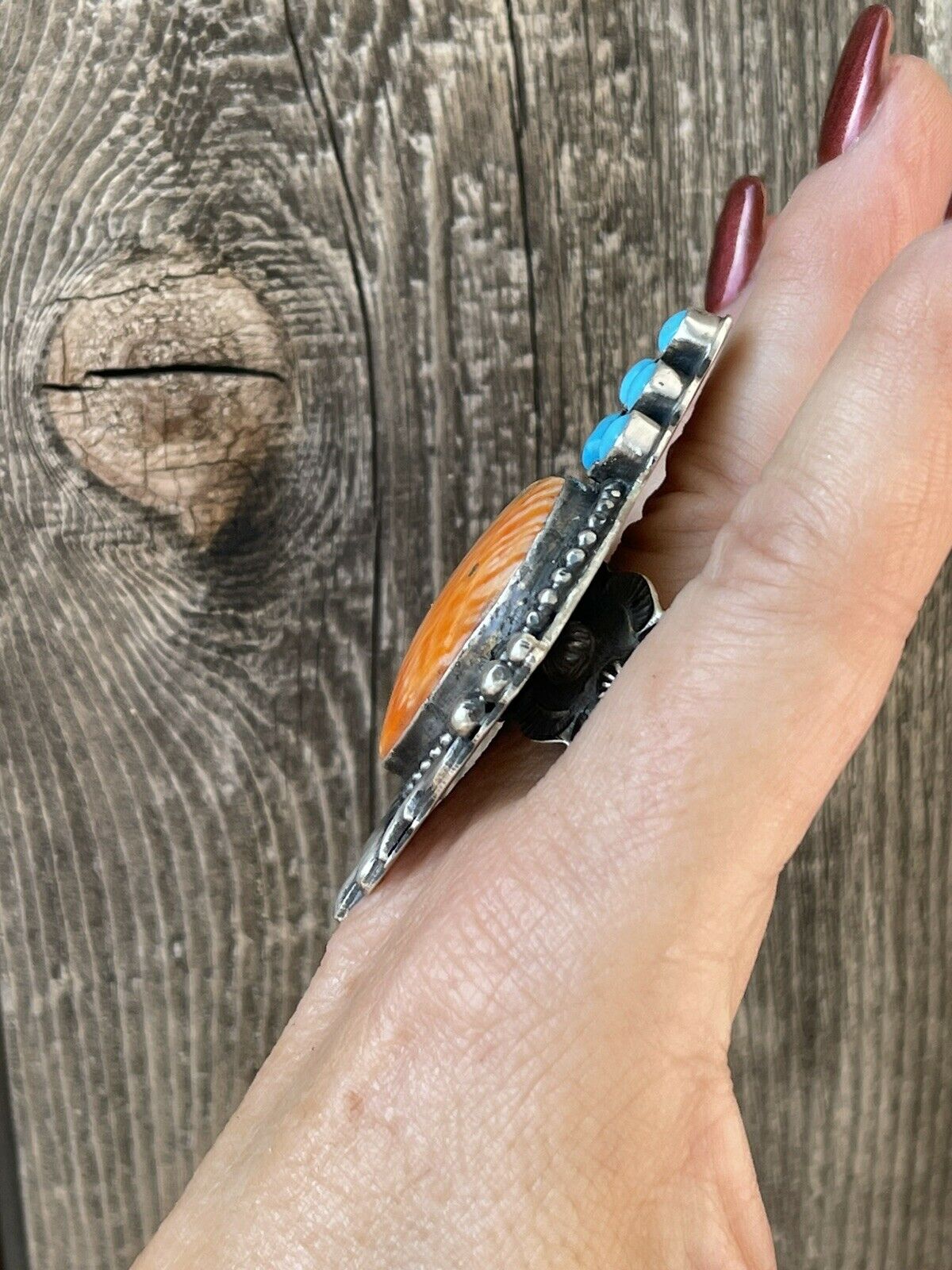 Handcrafted Sterling Silver Orange Spiny Heart & Turquoise Ring Sz 8