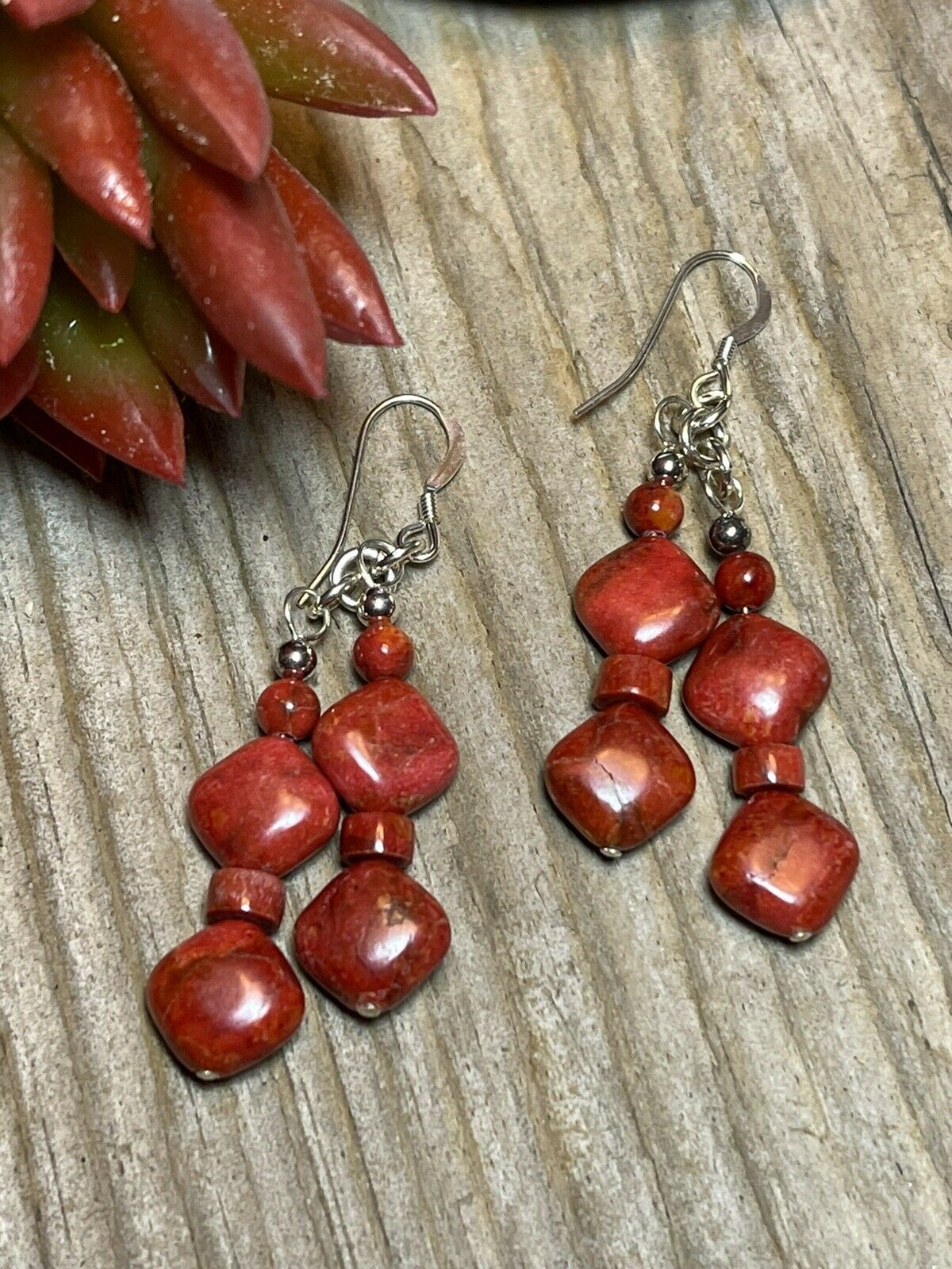 Handcrafted Sterling Silver Apple Coral 2 Strand Beaded Earrings