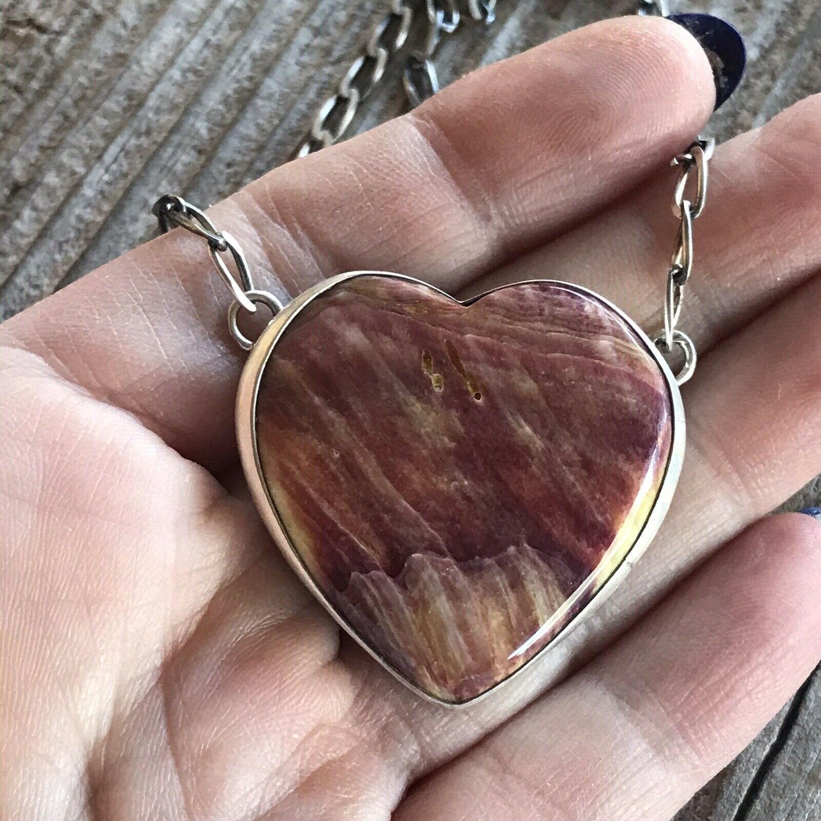 Handcrafted Purple Spiny And Sterling Silver Heart Necklace Signed
